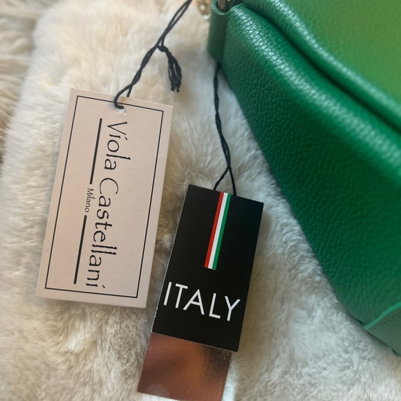 Viola Castellani Leather Shoulder Bag Green with Chain Made In Italy - Picture 11 of 12